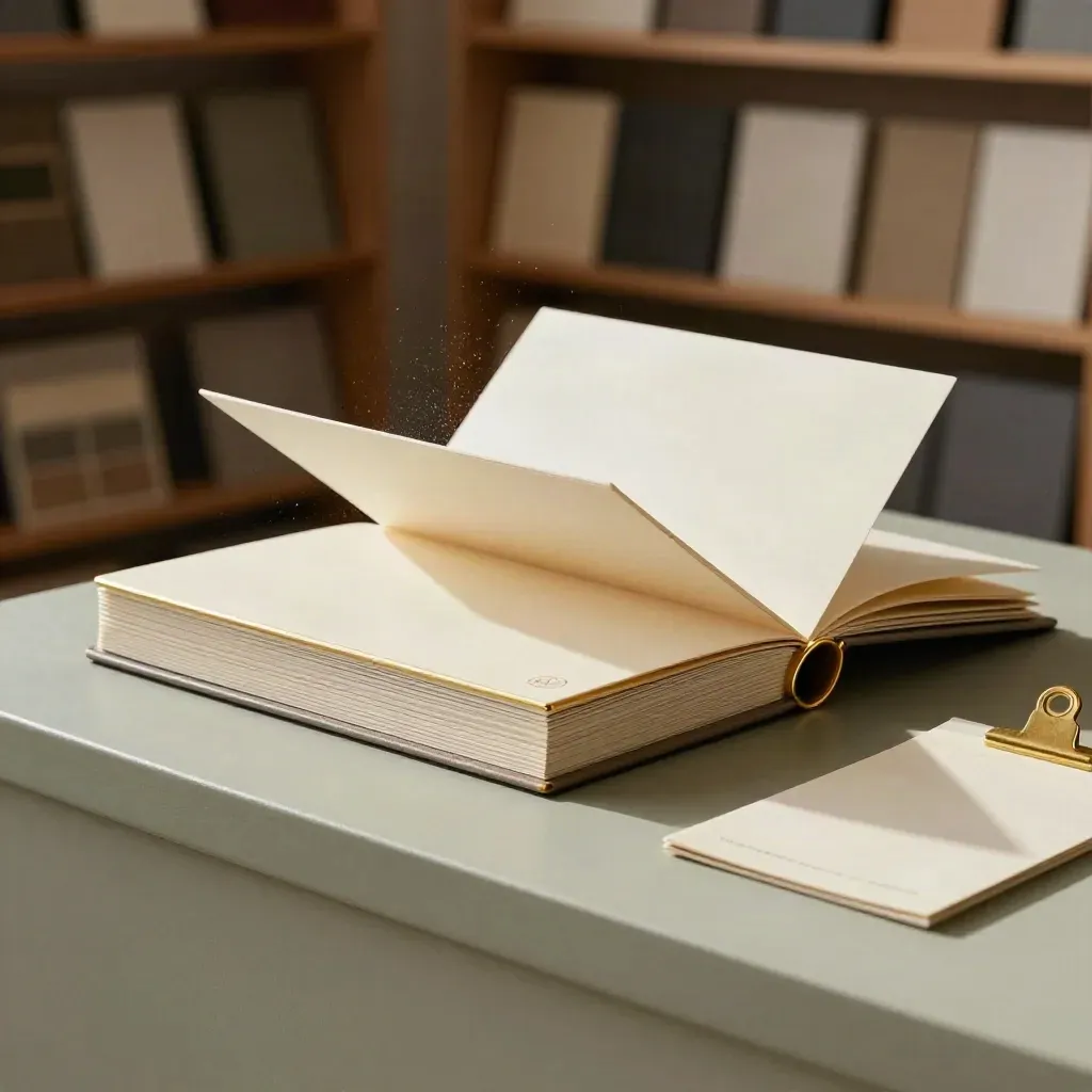 Ivory brand-kit folio with gilded cards, swatches, brass clip and export sleeve on stone.