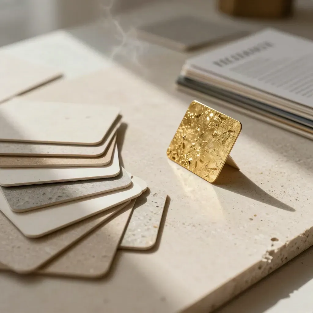 Gold foil swatches and neutral tone cards arranged on pale limestone with soft daylight