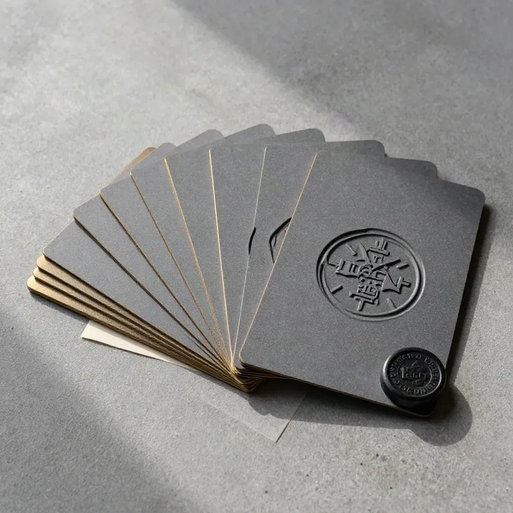 Overhead flatlay of embossed monogram cards, seal discs, and a charcoal stone token on grey concrete.