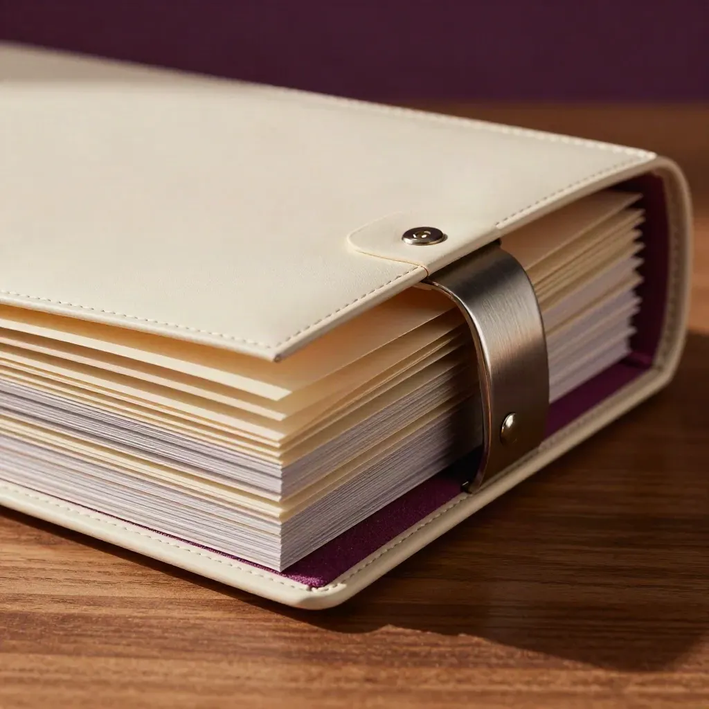 Ivory portfolio folders and metal clips slightly opened on a walnut surface with a plum glow.