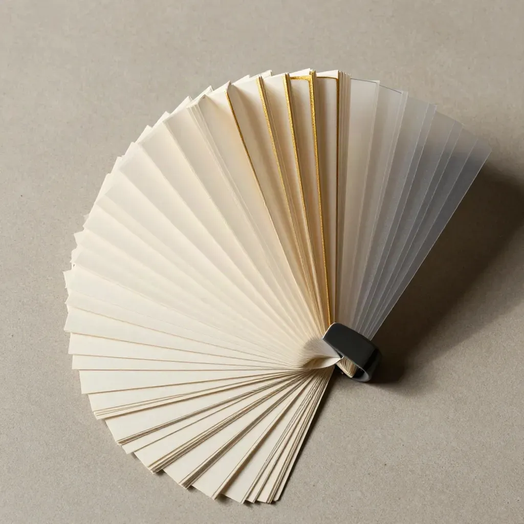 Overhead fan of ivory story cards and translucent overlays with a graphite clip on pale concrete.