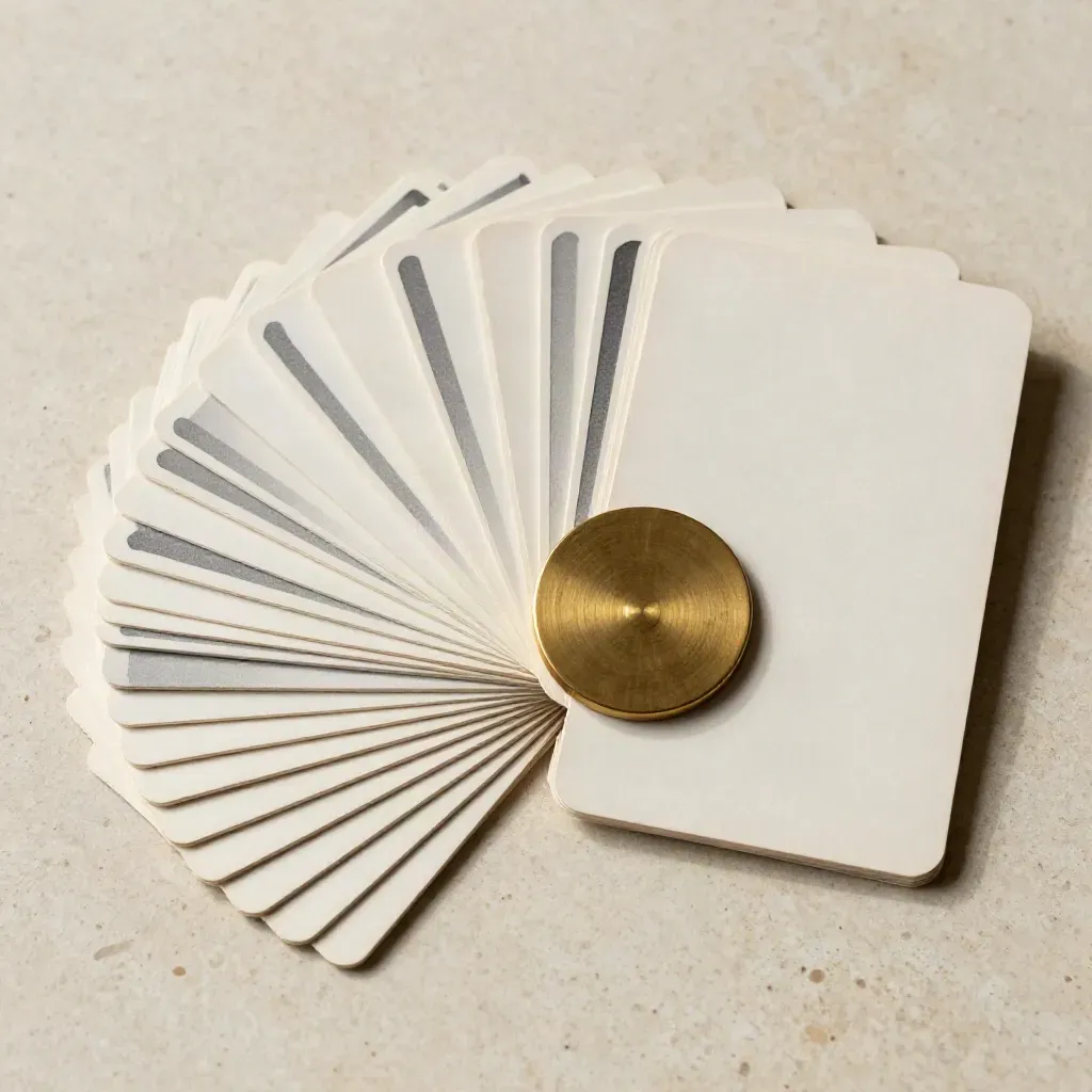 Top-down semicircle of ivory and graphite monogram cards with a brass plate on travertine.