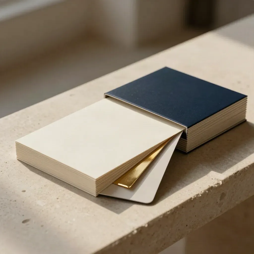 Opened moodboard box with swatches spilling onto a pale stone bench in soft editorial light.