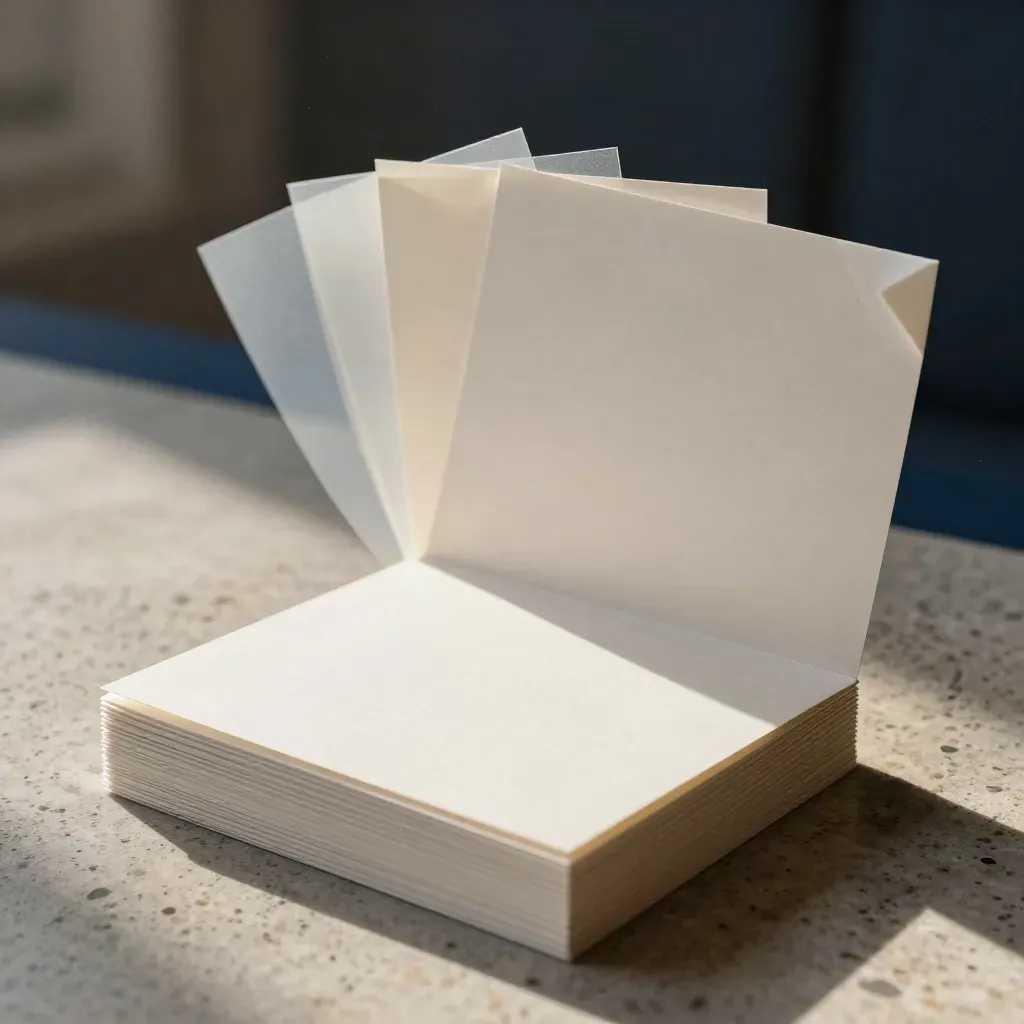Blank social card templates and export sleeve fanned from a pale folio on travertine.