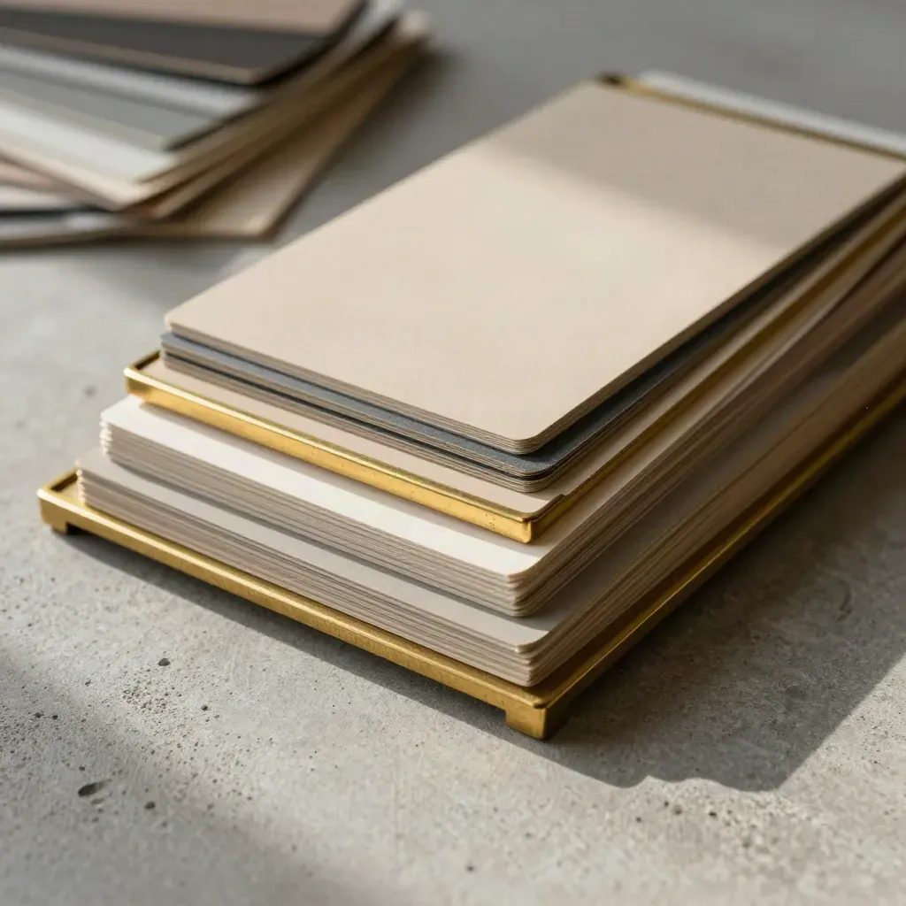 Brass frame strips and matte sample cards on concrete, lit with raking daylight and tiny gold glints.