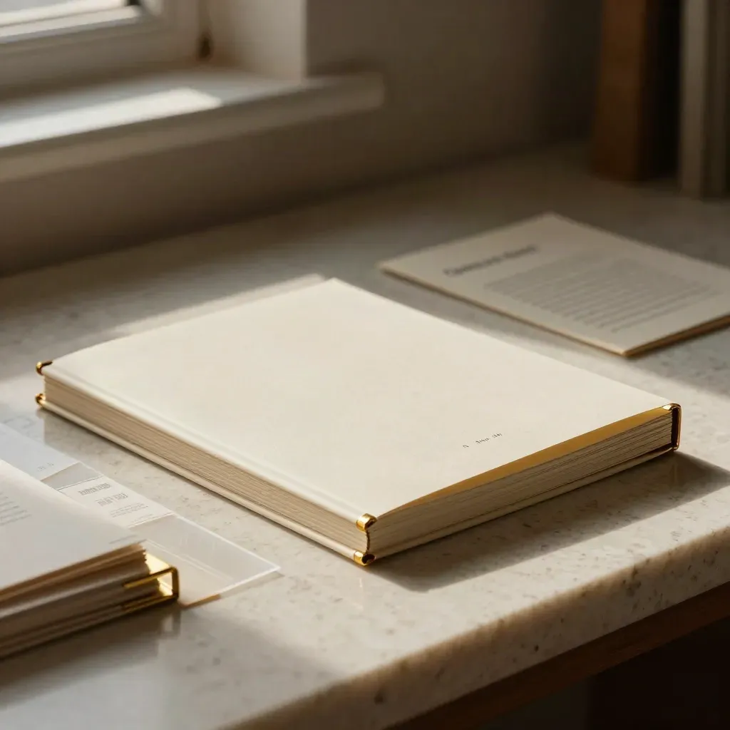Cream serif guide booklet with vellum tabs and brass clip on a travertine binding bench.